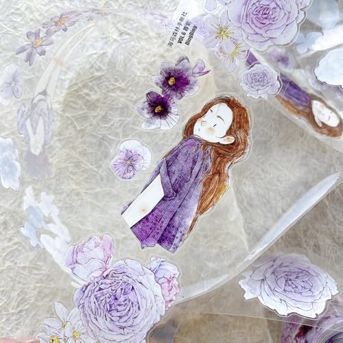 Seahorse Forest Vol6 A39 Crepúsculo Purple,Pre-Cut Fashion Vintage Original Character and Floral Clear PET Washi Tape Stickers,for Scrapbook Supplies,Scrapbook Tape Stickers,Junk Journal Supplies