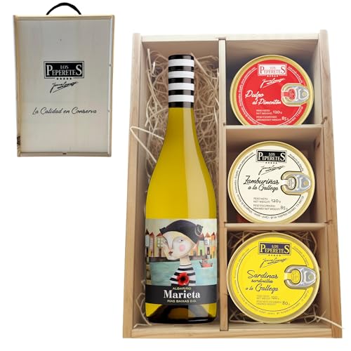 LOS PEPERETES Pack Gourmet Marisco Gallego con Vino Blanco Marieta | Pulpo al Pimentón ×2 · Zamburiñas ×2 · Sardinillas a la Gallega ×2 | Lote Delicatessen Premium