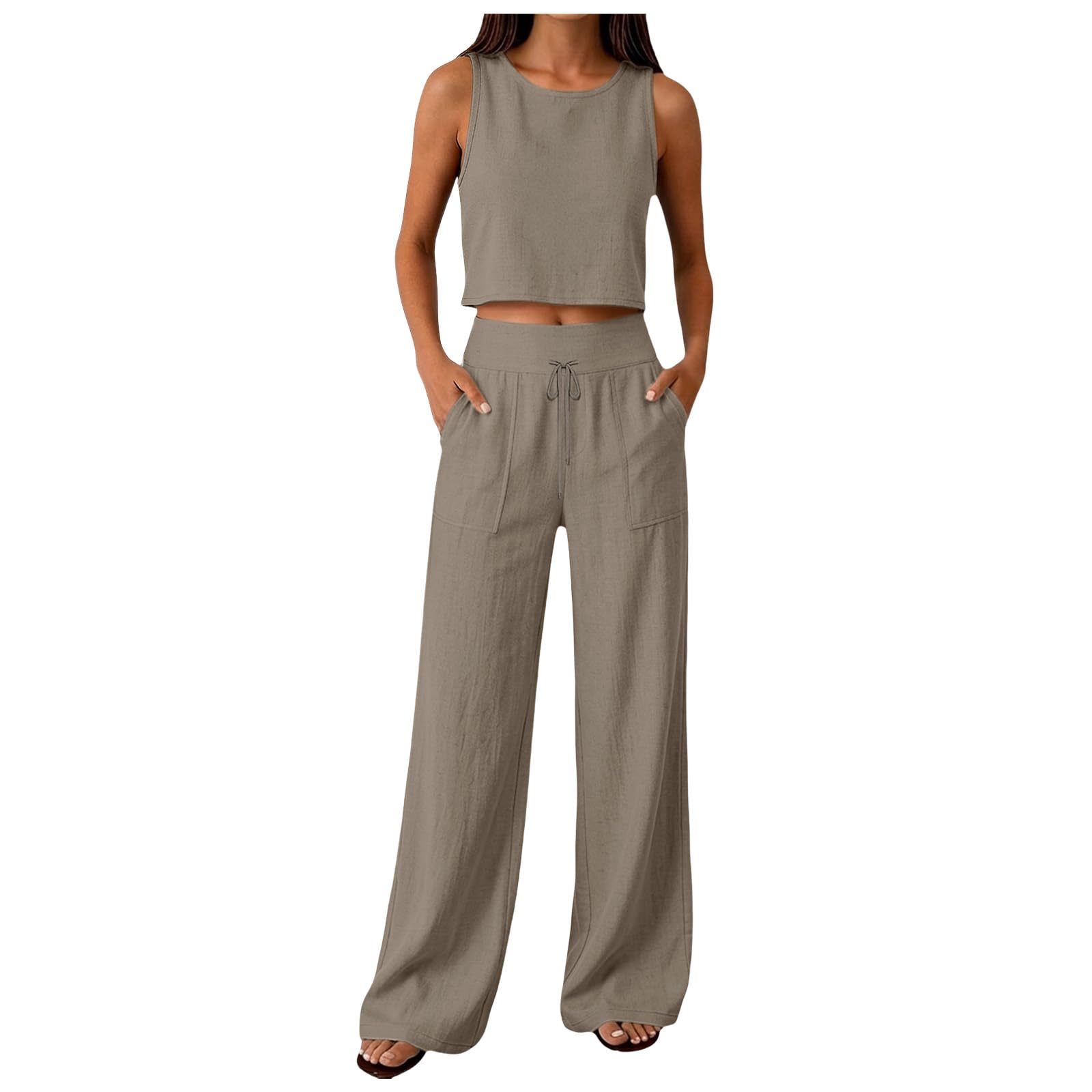 Generico Set da 2 Pezzi da Donna in Lino a Senza Maniche Pantaloni a Gamba Larga Oversize Completo Senza Maniche Tuta Elastici in Vita Set di Abiti Tinta Unita Elegante Suit Casual per Uso Quotidiano