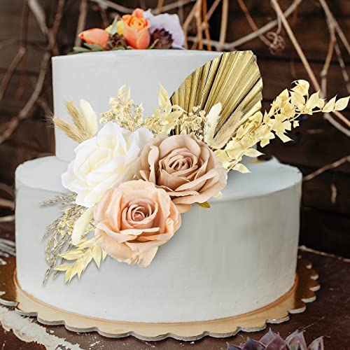 28 Pcs Boho Cake Topper Decorations Vintage Artificial Rose Flowers Leaves For Cake Decorating Kit Dried Faux Flower Decor For Bohemian Wedding Bridal Baby Shower Birthday Party Supplies (Natural) #TOP4