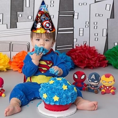 Image of WANNA PARTY Birthday Caps for Avenger, Cone Hats for Avenger Theme Birthday Celebration,Superhero Theme Party Decoration,Avenger Birthday Decorations(Pack of 8)