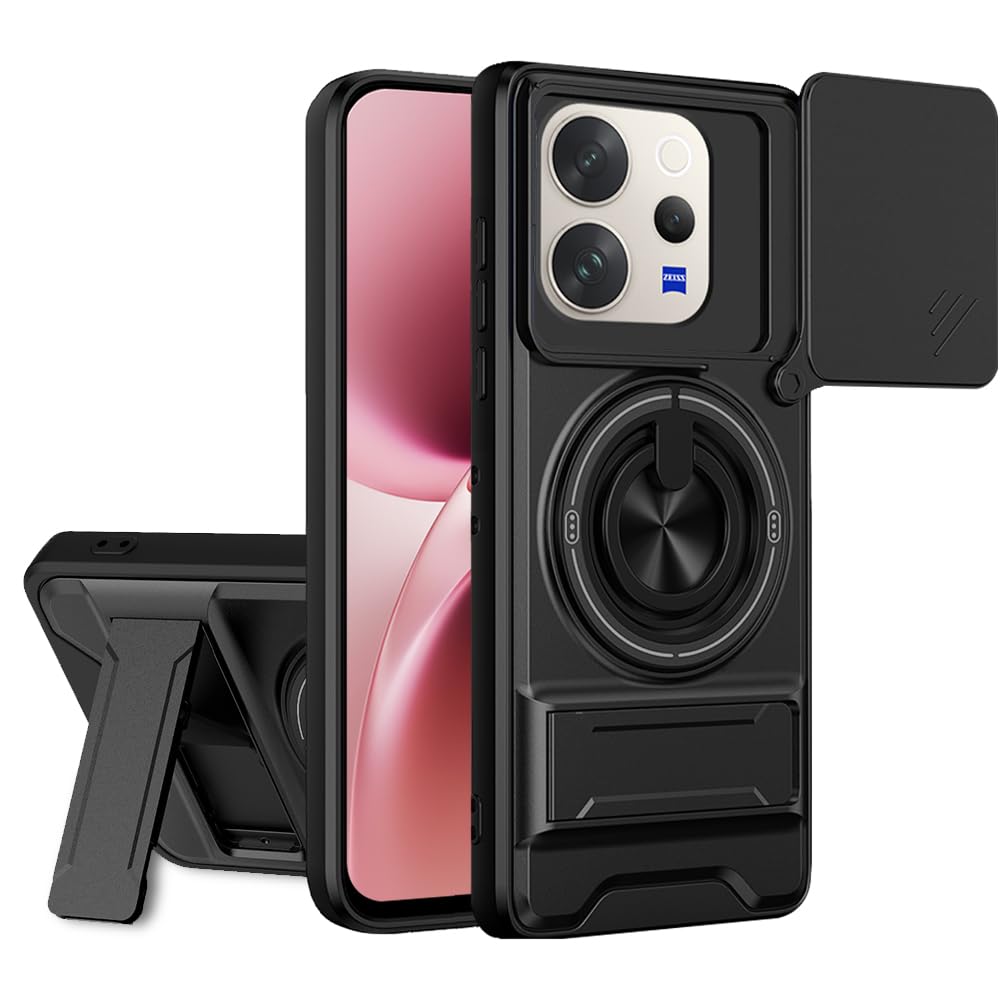 Vivo V70 5G / V70 Elite 5G Back Cover | Armor Camera Slider 360 Degree Rotating Finger Ring Holder Case with Bracket Stand & Camera Protection Back Case Cover (Black)-image-5