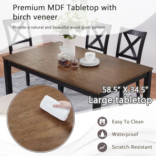 Image of Harper & Bright Designs Dining Table Set for 6 with Bench, 6-Piece Farmhouse Kitchen Set in Black & Oak Two-Tone, Solid Wood Frame Table & 4 Chairs for Dining Room