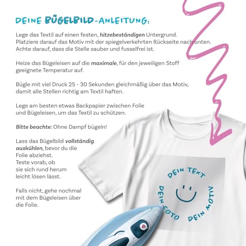 Bügelbilder selbst gestalten | Dein Wunschtext, Bild oder Logo | professionelle DTF Bügelfolie für Textilen zum aufbügeln | Wunschname Namensaufkleber Kleidung