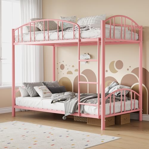 Bunk Bed Twin Over Twin with Stairs and Arched Guardrail, Sturdy Metal Slats Support, Space Saving, Noise Free, No Box Spring Needed, Ideal for Kid Room and Dorm, Pink