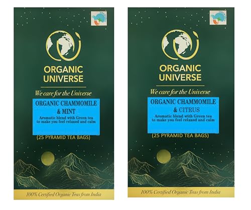 Image of ORGANIC UNIVERSE Chamomile Mint and Chamomile Citrus Combo Whole Leaf Tea | 20 Pyramid Tea Bags in Each | Aromatic Flavours | 100% Organic Ingredients, Pack of 2