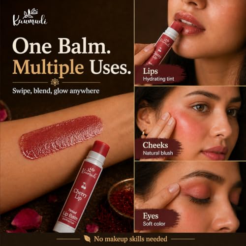 Image of Kaumudi Handmade & 100% Natural 3in1 Lip Balm Combo (Lip Tint|Cheek Tint|Eye Shadow) made with Rose & Saffron Ess. oil | Best for Dry, Damaged & Chapped Lips | Hydrates & Moisturizes (Rich - Cherry - Glow)