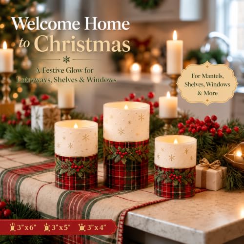 Image of Tujoe 3 Pcs Christmas Tartan Plaid Flameless Candles LED Pillar Candle