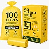 SANY Sac Poubelle Jaune 100 Litres | Carton de 50 Sacs (2 Rouleaux de 25 sacs) | Haute Résistance 30 microns | Réservé Déchets non Alimentaires