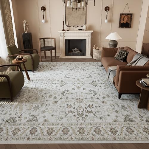 Vintage 5x7 Washable Area Rug, Low-Profile Large Area Rug with Non-Slip Backing & Durable Edge Binding, Pet-Friendly Carpet, 5x7 Rug for Living Room, Bedroom, Dinning Room
