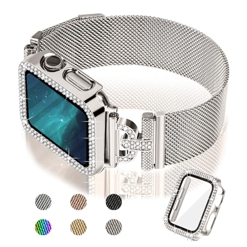 JOYOZY Magnetic Band Compatible with Apple Watch Band 38mm 40mm 41mm 42mm 44mm 45mm Milanese Strap with Bling Case and Screen Protector, Dressy Stainless Steel iWatch Loop for Women (Starlight 40mm)