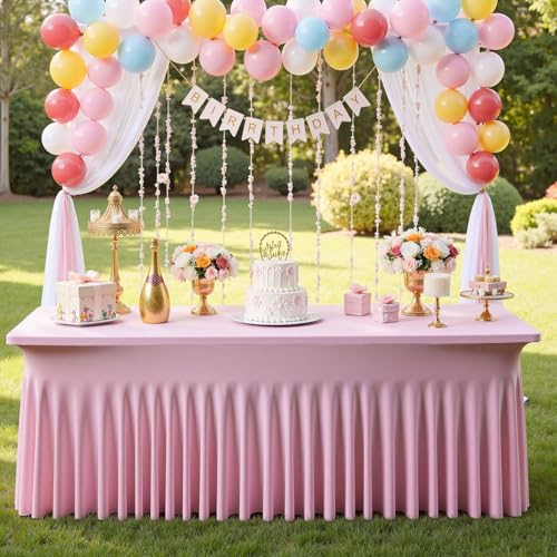 Image of 3pk Baby Pink Spandex Tablecloths for 6 Foot Rectangle Tables, Stretch Table Cloths 6FT Pink Fitted Table Cover Desk Skirt for Wedding Birthday Party Baby Shower