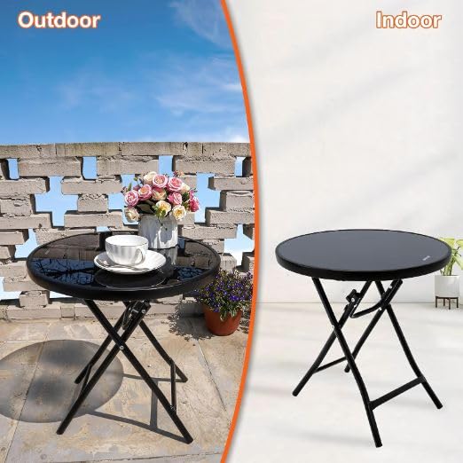 LASALE Folding DiningTable for Kitchen - Round Outdoor Side Table Patio Table with Tempered Glass Tabletop 4