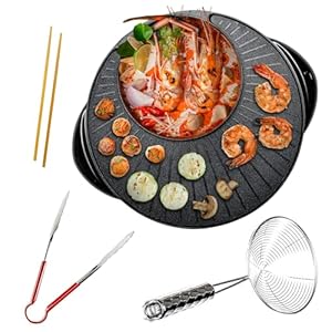 OVENTE Electric Hot Pot and Grill Combo, 2-in-1 Portable Countertop Cooker with Temperature Control Perfect for Korean BBQ, Shabu Shabu and Soup with Free Strainer, Chopsticks and Tong, Black GH10133B