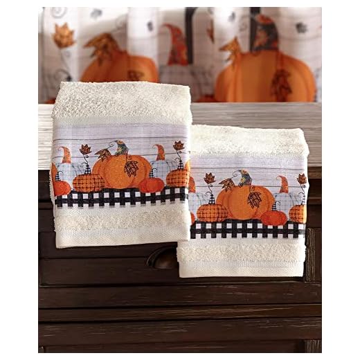 The Lakeside Collection Set of 2 Plaid Pumpkin Bathroom Hand Towels with Autumn Motif