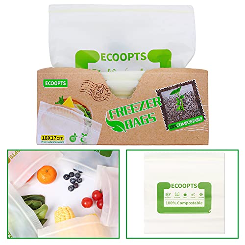 ECOOPTS - Lot de 50 sacs à sandwich 100 % compostables à fermeture à glissière, sans BPA, pour sandwich, surgelés, 18 x 17 cm Cover