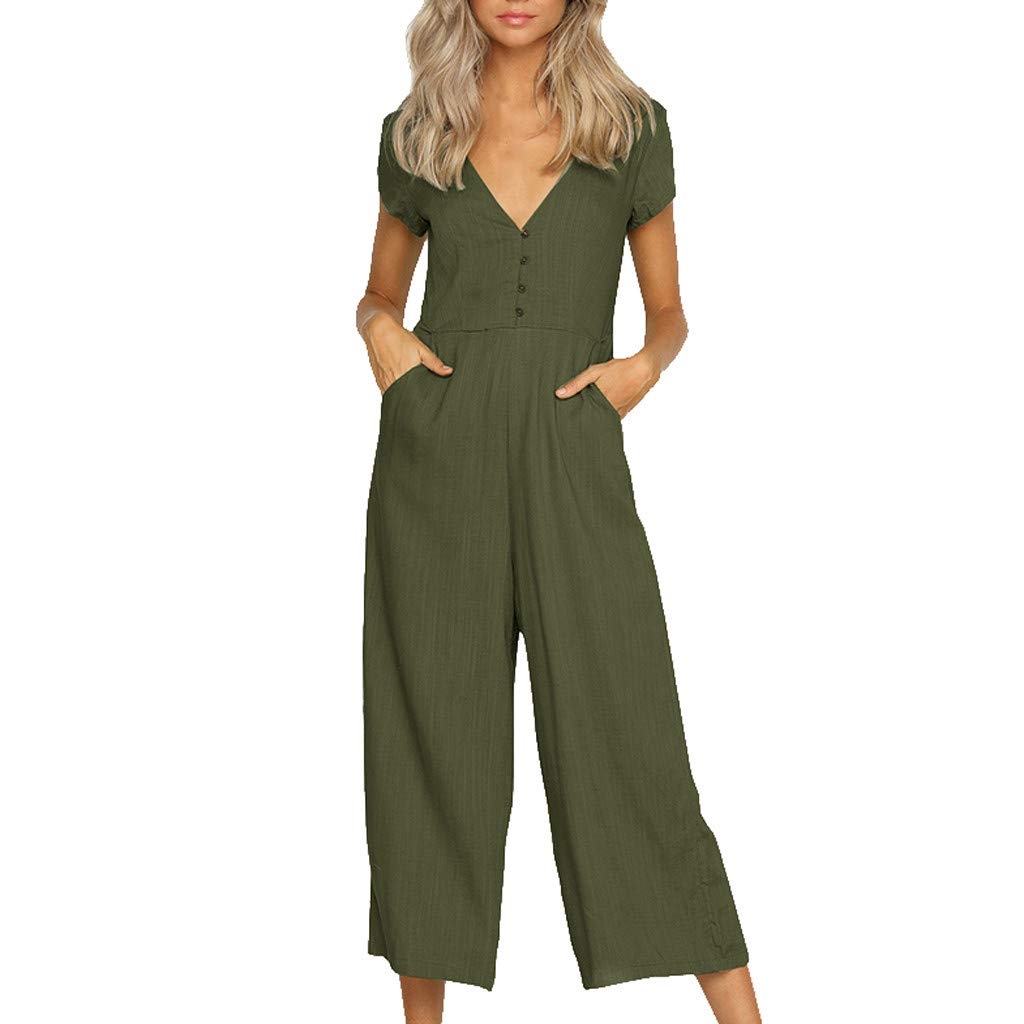 Generic Mono mono mono de lino de algodón para mujer, informal, sólido, manga corta, cuello en V, color para mujer, mono elegante para bodas
