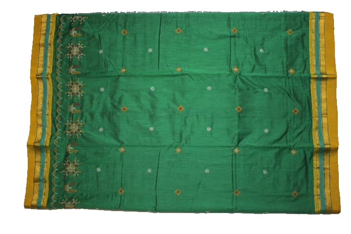 Image of Women Ilkal Cotton Blended Silk Kasuti Embroidery Saree with Traditional Stripe Pallu Unstitched Blouse Pattu