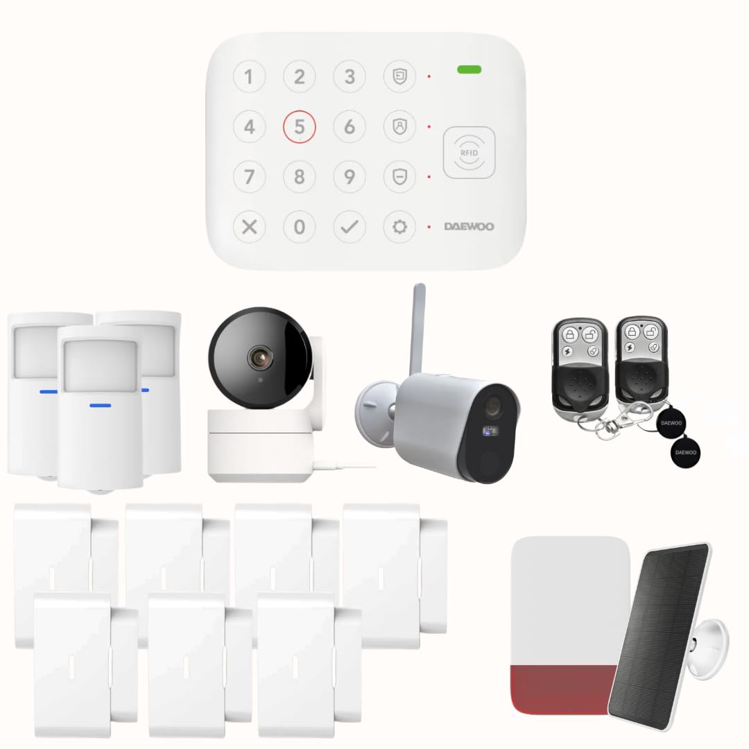 Daewoo Pack Alarme Connectée WiFi Vigilia VIG104 – Système sans Fil et sans Abonnement, Compatible Animaux, Détecteurs et Sirène Solaire Inclus + Caméras de Surveillance Full HD, Application Incluse