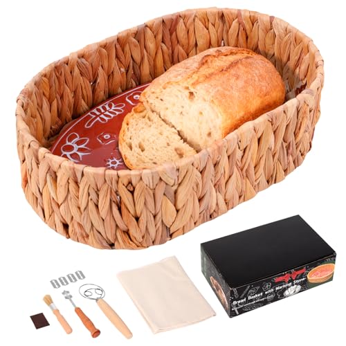 Bread Basket with Warming Stone and Cloth -Terra Cotta Bread Warmer 12.7 * 8.2 Oval Bread Basket with Warmer - Gifts for Hostess House Warming Baker Christmas -Bread Warmer Cesta De Pao De Piedra