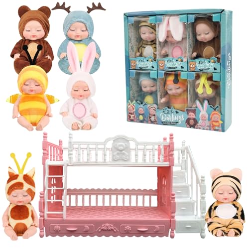 SwankyStyle 6 Pcs Adorable Mini Baby Dolls with Cute Animal Outfits & bunk Bed , Realistic Mini Babies & Dolls for Endless Fun(Style C)