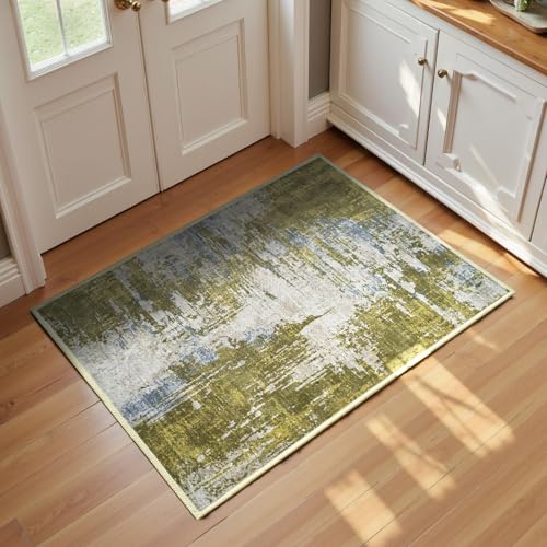 Entrance Rugs Indoor 2x3 Green Entry Rug Washable Abstract Small Area Rug Non-Slip Low Pile Throw Rugs for Entryway, Kitchen Floor, Front Door Indoor Door Mat, Bedroom Bedside