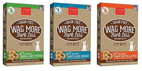 Cloud Star Wag More Bark Less Grain Free Itty Bitty Baked 3 Flavor Variety Dog Treats Bundle: (1) Smooth Aged Cheddar, (1) Peanut Butter & Apples, and (1) Chicken & Sweet Potatoes Flavor, 7 Ounces Each (3 Boxes Total)