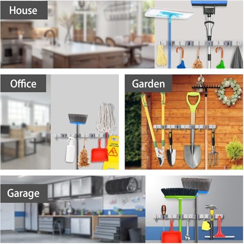 Image of Ternero Mop and Broom Organizer 4 Racks 5 Hooks, Heavy Duty Broom Wall Mount Rake Holder Stainless Steel Tool Hanger for Home, Kitchen, Garage, Garden, Laundry Room, Bathroom Organization