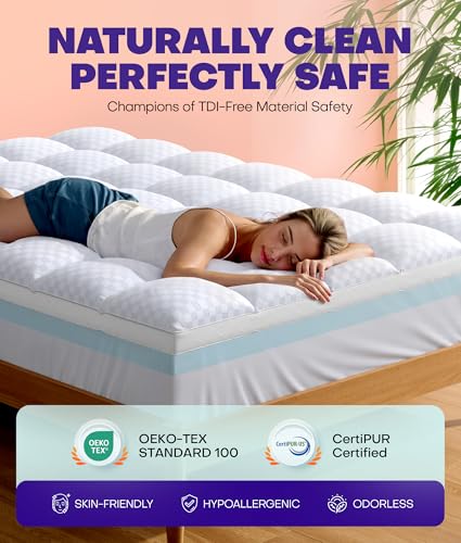 Dual Layer 4 Inch Memory Foam Mattress Topper for Pressure Relief with 4X Support, 2" Pillow Top Queen Mattress Topper 50% Viscose Made from Bamboo Plus 2" Cooling Gel Memory Foam Comfort Mattress Pad