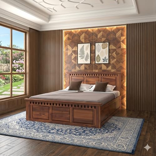 Image of Kuber Solid Sheesham Wood Queen Size Bed with Storage Box | Wooden Bed Queen Size Cot Bed | Double Bed with Box for Home - Honey Finish (Assembly Included)