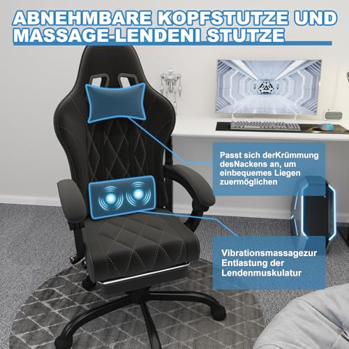 Sedia gaming in tessuto con imbottitura a molla, Sedie ufficio ergonomica con massaggiatore, sedia da gaming con poggiatesta, poggiapiedi, regolabile in altezza, portata 150 kg, Nero - Sedia gaming - Immagine 6