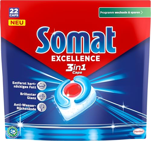 Somat Excellence 3in1 Caps (22 Caps) schnellauflösende Spülmaschinen Caps bekämpfen hartnäckiges Fett auch im Niedrigtemperatur- Kurz- & Eco-Programm Somat Caps für brillanten Glanz