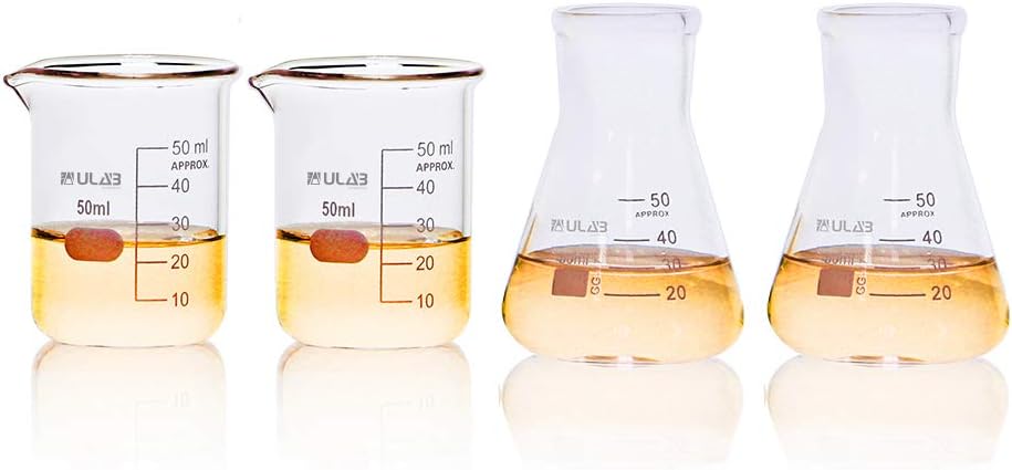 ULAB Scientific Tableware Laboratory Beaker Shot Glasses and Wide Neck Erlenmeyer Flask Set, 2pcs of 50ml Beakers with Spout, 2pcs of 50ml Conical Flask, 3.3 Borosilicate Glass, Printed Graduation