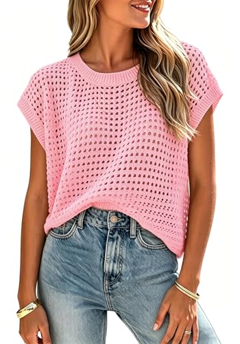 Image of Womens Crochet Tops Cap Sleeve Summer Sweater Crew Neck Beach Cover Ups Lightweight Knit Pullover