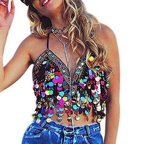 Pailletten-Top mit Neckholder, für Salsa, Bauchtanz, Boho, Festival, Club,...