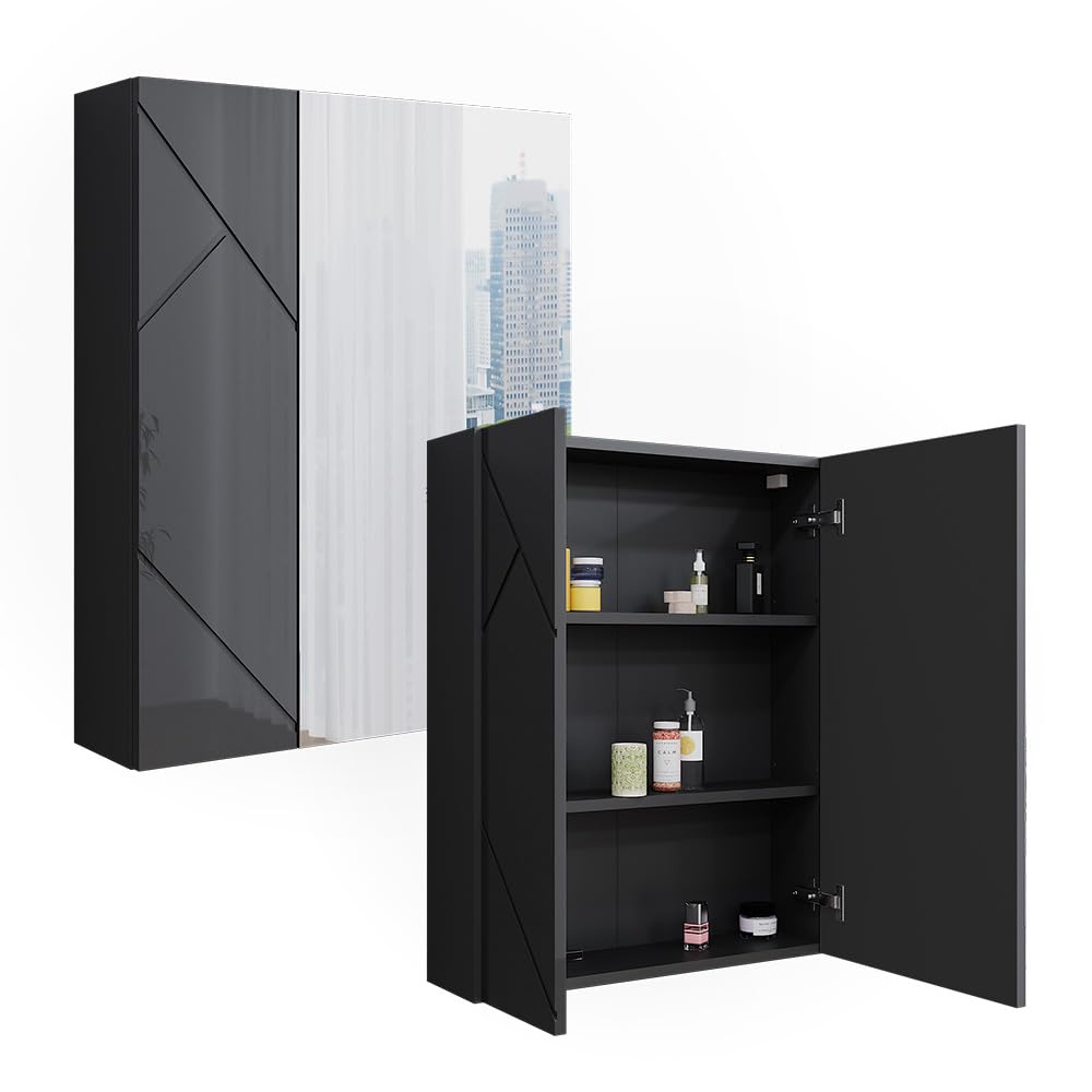Vicco Badspiegelschrank Irma, Anthrazit Hochglanz/Anthrazit, 60 x 75 cm, zur Wandmontage mit integrierter Spiegelfläche