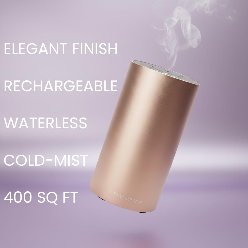 Difusor de aceite dorado – Difusor de aroma cromado de lujo sin agua para el hogar y la oficina – 450 pies cuadrados, máquina difusora de aroma USB inalámbrica portátil recargable