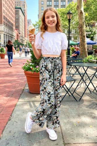 Image of Girls Summer Floral Wide Leg Pants High Waisted Flowy Dress Trousers with Pockets for School Lounge Beach 5-14 Years