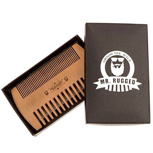 Mr Rugged Pocket Beard Comb - Wide and Fine Teeth Sides - Pear Wood Comb - Wooden Handmade Brushes Beard Oils & Balms To Promote Softer & Thicker Growth - Better for Beards Than Metal or Plastic