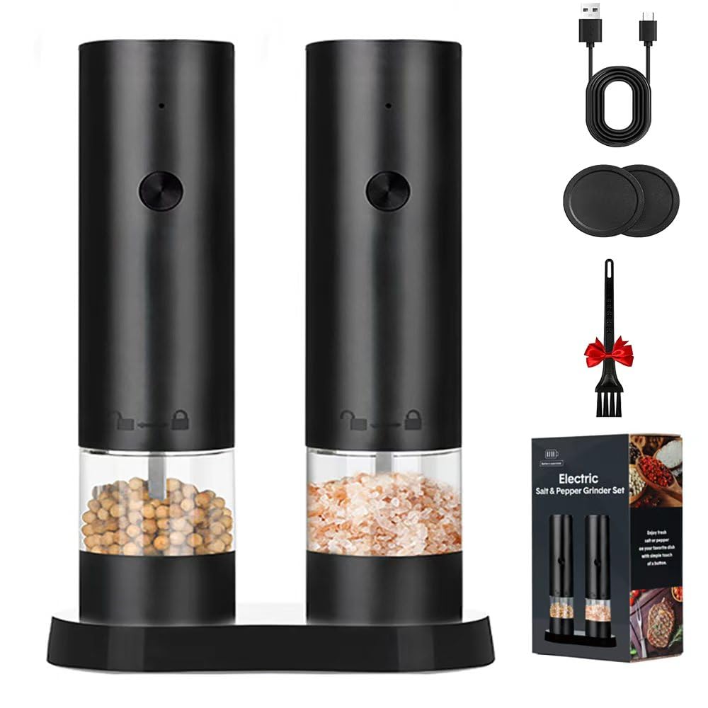 Set macina sale e pepe elettrico con display a batteria, base ricaricabile, grossolanità esterna regolabile, macina sale e pepe automatici in ceramica (nero)
