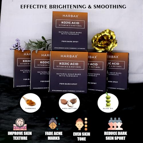 Image of Kojic Acid Soap (Pack of 6 (100 Grm)) for Hyperpigmentation - with Glutathione, Collagen & Vitamin C - Natural Soap Bars with Turmeric - Original Japanese Complex for Dark Spot Correction