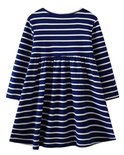 Image of Girls Cotton Long Sleeve Casual Cartoon Appliques Striped Jersey Dresses