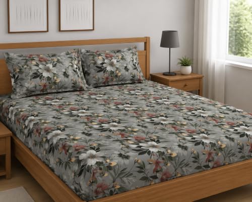 Image of Premium Cotton Fitted Bedsheet King Size 78 x 72 x 8 Inches with 2 Pillow Covers | 220 TC | All-Around Elastic Deep Pocket Bed Cover | Grey Floral