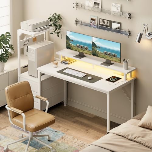 Image of AODK 59 Inch Gaming Desk with USB Charging Ports & LED Light- Reversible Computer Desk with Storage Shelves & Monitor Stand, Modern Gamer Desk Table with Fabric Drawers, White