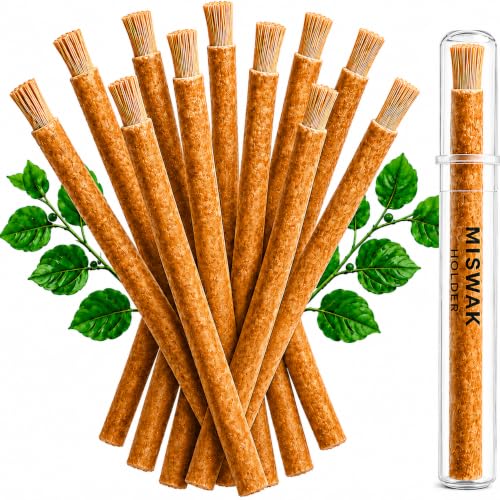 Image of Miswak Sticks for Teeth Pack of 12 with Holder - 100% Natural Salvadora Persica Miswak Sticks - Traditional Oral Care Chewing Sticks - Vacuum Sealed