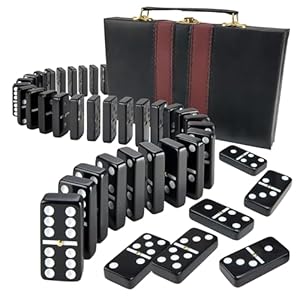 Jumbo Double Six Dominoes Set – 28 Black Classic Tiles in Faux Leather Case – Fun Educational Toy for Kids, Boys, Girls, Classroom Kit, Classic Game Night Party Favors Set, Travel-Friendly