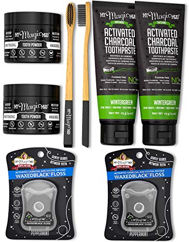 My Magic Mud - Activated Charcoal Duo Teeth Whitening Kit, Toothpaste, Tooth Powder, Bamboo Toothbrush & Floss (Wintergreen)