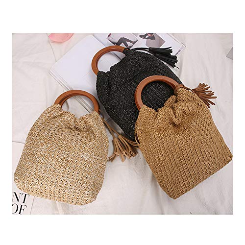 Bolso tote grande de paja tejido con asa redonda de madera miniatura 7