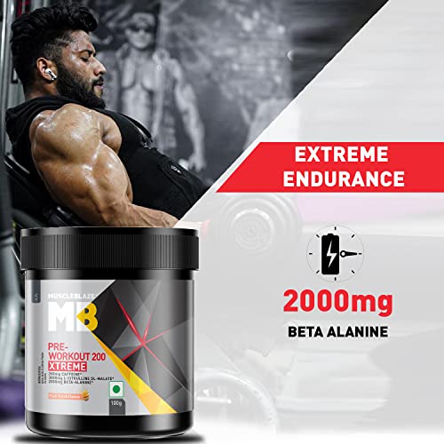 Image of MuscleBlaze Pre Workout 200 Xtreme Powder, Fruit Punch (100g) + Cyclone Blender Gym Shaker (700ml)