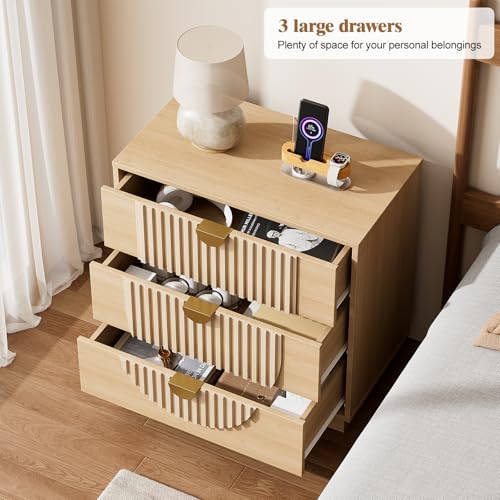 Image of 3 Drawer Nightstand with Charging Station,28 inch Fluted Night Stand & Modern Bedside Table, Wood End Table Storage Cabinet for Bedroom Hallway, Entryway,Caramel Brown Set of 2